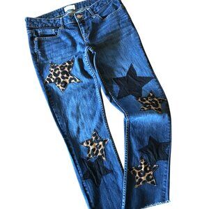 Reworked Star Patch Jeans Upcycled Leopard Print Patchwork, Cropped, Sz 5 Junior